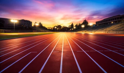 Foto op Aluminium Empty Running Track in Stadium with Vibrant Sunset Sky, Inviting Atmosphere for Sports and Athletics © Bartek