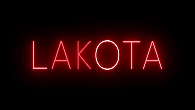 Flickering red retro style neon sign glowing against a black background for LAKOTA
