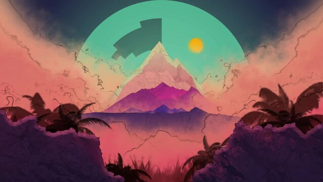 Lofi Background, landscape of mountains in the clouds, watercolor tones, loop 20-sec.