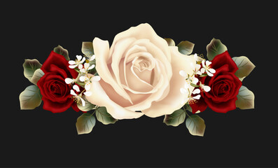 Floral composition with a bouquet of red and white roses