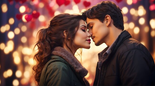Beautiful young couple kissing on the background of bokeh lights