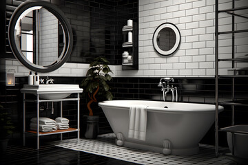 A bathroom with a combination of matte black and white