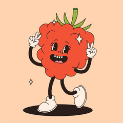 Groovy raspberry mascot. Funky retro character. cartoon raspberry, smiling, walking. Funny vintage trendy style character. Doodle Comic collection