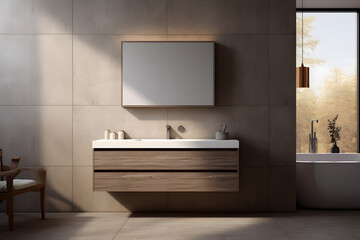 Fototapeta na wymiar A bathroom with a custom wall-mounted floating cabinet 