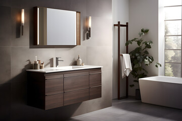 Fototapeta na wymiar A bathroom with a custom wall-mounted floating cabinet 