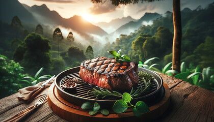 Beef Steak food is served outdoors with beautiful views