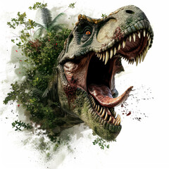 Fototapeta premium Fierce Tyrannosaurus Rex Head Emerging from Foliage on White Background