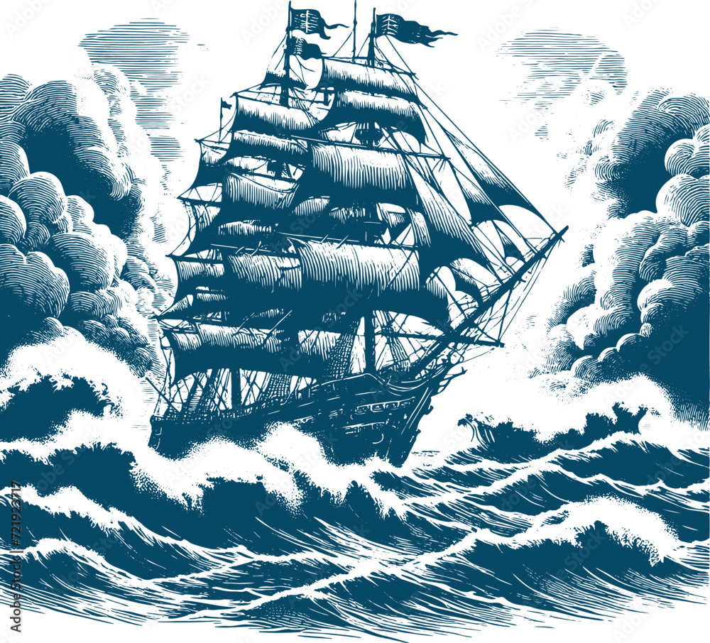 Wall mural olden wooden sailing vessel enduring a tempest vectorized engraving against white