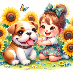 Cute girl with bulldog, sunflower, kids cartoon illustration, animal background