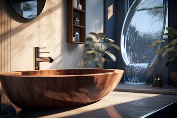 A bathroom with a unique sculptural vessel sink
