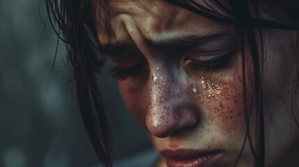 A vulnerable human face captured in a closeup screenshot, highlighting the raw emotion of a woman's tears and the delicate details of her eyelashes, skin, and eyebrows - obrazy, fototapety, plakaty