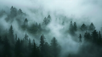 Mystischer nachdenklicher Ort in der Natur mit Nebel Wald und Bäumen im Nebel sowie Leuchtturm am Wasser mit Sturm Generative AI