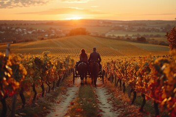 Couple enjoying a scenic horse-drawn carriage ride through a vineyard