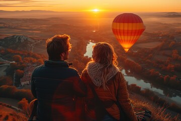 Couple enjoying a scenic hot air balloon ride at sunrise