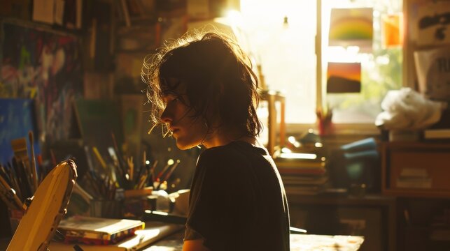 A creative individual surrounded by vibrant art supplies, stands among stylish furniture in a colorful indoor room adorned with unique wall decor, their long hair flowing freely as they contemplate t