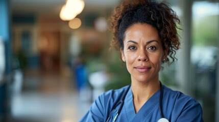 Fototapeta premium A young woman in blue scrubs stands confidently outdoors, her black hair framing a smiling face with arched eyebrows and a hint of determination in her chin, exuding a sense of strength and purpose i