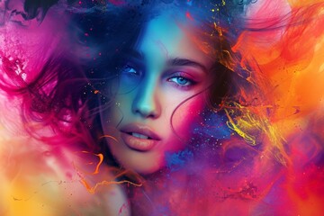 Fototapeta premium A vibrant and expressive human face, adorned with a colorful array of makeup, captures the essence of art and beauty in a mesmerizing portrait of a magenta-clad girl