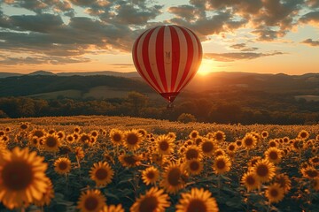 Couple enjoying a scenic hot air balloon ride over a field of sunflowers