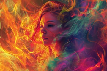 An enigmatic woman with blazing red hair and a fiery aura of colorful smoke embodies the essence of passion and creativity in this captivating piece of art