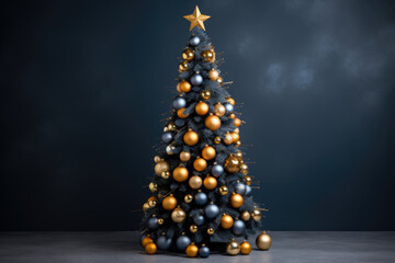 Decorated Christmas tree and gift boxes near blue wall. Space for text