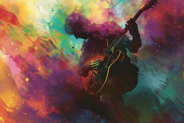 A vibrant painting of a man strumming a guitar, brought to life with bold strokes of acrylic paint in a modern, artistic display - obrazy, fototapety, plakaty