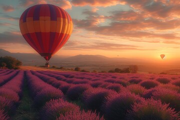 Couple enjoying a scenic hot air balloon ride over a field of lavender