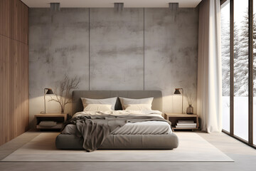 A bedroom featuring a mix of textured wall panels
