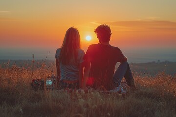 Couple enjoying a sunset view from a hillside with a picnic
