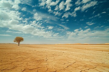 Fototapeta na wymiar Amidst the arid savanna, a lone tree stands tall against the vast blue sky, a symbol of resilience and natural beauty in this harsh desert landscape