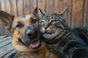 A heartwarming embrace between a furry canine and feline, their whiskers brushing against each other as they bask in the warmth of their outdoor bond on a wooden ground