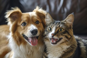 A curious dog and cat duo pose for the camera, their playful spirits captured in the warm glow of the indoor light