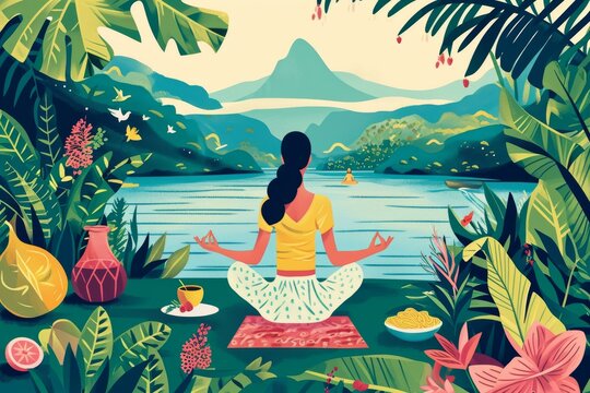 Amidst a serene lake, a woman creates a colorful masterpiece with her paintbrush, surrounded by lush plants and tempting fruits, captured in a whimsical illustration that radiates tranquility and cre