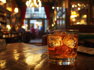 Whisky on the rocks in a glass, placed on a worn wooden bar in a rustic tavern, 2024. Warm, inviting pub ambiance concept. Design for hospitality and traditional drink experiences