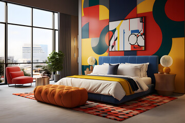 A bedroom featuring a mix of vibrant primary colors