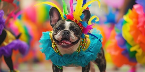 A funny French Bulldog in a multi-colored costume is dancing at the Brazilian Carnival. - obrazy, fototapety, plakaty