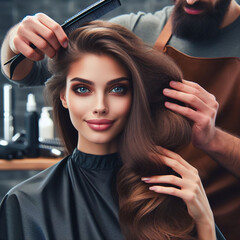 Fototapeta premium Hairdresser combing hair of beautiful young woman in beauty salon.