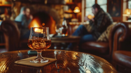 Brandy snifter on a polished wood table in a classic lounge with patrons enjoying the fireside. Warmth and sophistication concept. Design for upscale beverage marketing and comfortable lounge experien
