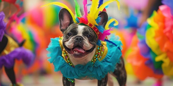 A funny French Bulldog in a multi-colored costume is dancing at the Brazilian Carnival.