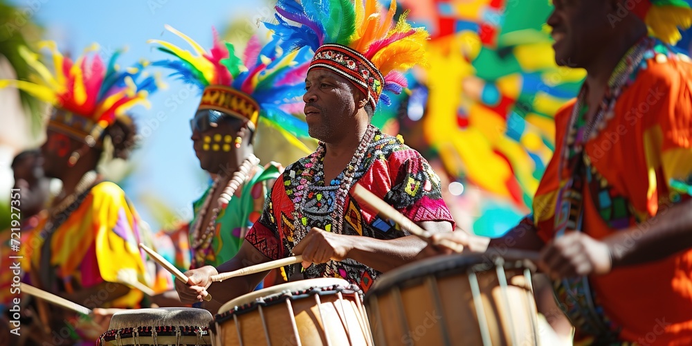 Wall mural carnival music played on drums by colorfully dressed musicians.