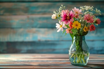 Flowers in a glass vase on a wooden surface