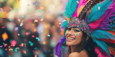 Happy woman with colorful tribal feathers on the street during carnival event with floating confetti and bokeh on background. Street performer wearing native feathered headdress. - obrazy, fototapety, plakaty