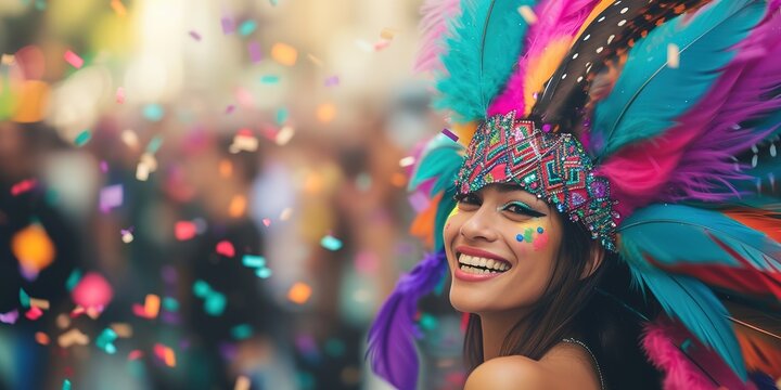 Happy woman with colorful tribal feathers on the street during carnival event with floating confetti and bokeh on background. Street performer wearing native feathered headdress.
