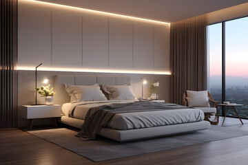 A bedroom with a custom multi-level lighting design