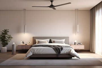 A bedroom with a minimalist wall-mounted ceiling fan