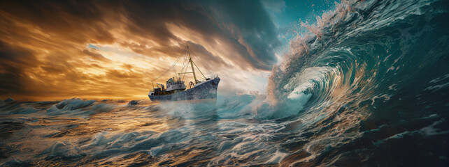 trawler ship in front of a tsunami wave, Generated image - obrazy, fototapety, plakaty
