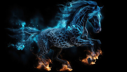Blue fire and flames textured horse isolated on clear black background - obrazy, fototapety, plakaty