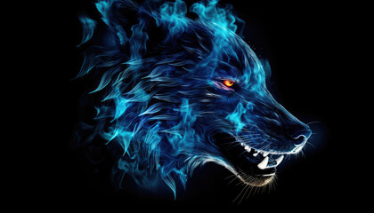 Blue fire and flames textured wolf head isolated on clear black background