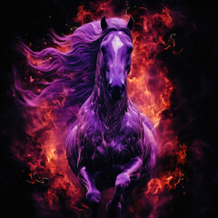 Purple fire and flames textured horse isolated on clear black background