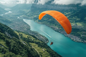 Couple enjoying a tandem paragliding adventure with heart-shaped parachutes