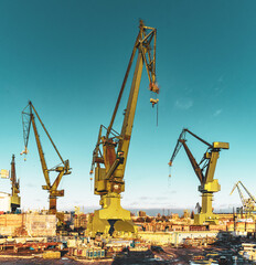 High cranes in the Gdańsk Stocznia, old shipyard - obrazy, fototapety, plakaty